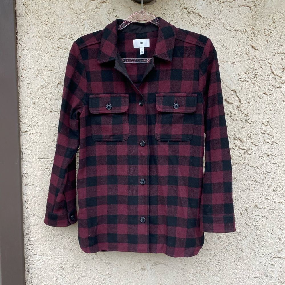 Nordstrom BP Purple black wool blend plaid button down shaket flannal XXS
